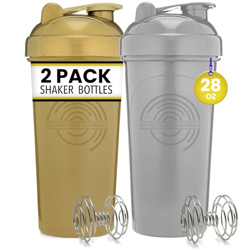 [2 Pack] 28-Ounce Shaker Bottle (Gold, Silver) | Protein Shaker Cup 2-Pack with Agitators | Protein Shaker Bottle Set is BPA Free and Dishwasher Safe
