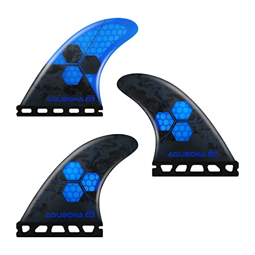 AQUBONA Honeycomb Fiberglass Performance Surfboard Fins Thruster (3 Fins) Single Tab with Fin Bag, Key and Screws. (Blue, M)