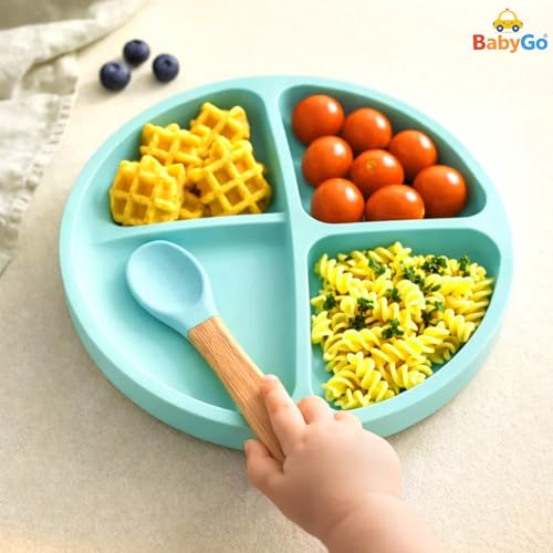 Image of BabyGo Silicone Suction Plate with Spoon for Babies | Microwave, Dishwasher & Freezer Safe | Unbreakable Feeding Plate with 4 Suction Cups for Babies & Toddlers | BPA-Free (Light Blue)