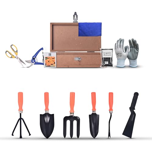 Korrel Seeds 12-Piece Heavy Duty Gardening Tool Kit – Complete Garden Accessories 5pc Set + Wooden Storage Box, Pruner, Scissor, Organic Manure & Seeds– erfect for Home, Balcony & Terrace Gardening