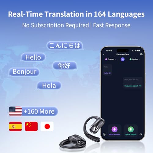 Image of Translator Earbuds, AI Translation Earbuds Real-Time, 2-Way Voice Translation, 164 Languages, No Subscription, up to 60H with Case, ENC Calls, Bluetooth 5.4 for Travel Business Study