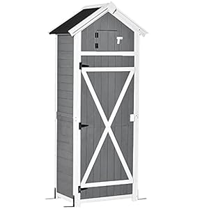 Outsunny Gartenschrank Holz, wetterfest 78x52, x182cm Gerätehaus, Geräteschuppen mit Satteldach, Tür, Gartenschuppen mit faltbar Tisch, Haken, Geräteschrank Werkzeugschrank für Terrasse, Garten, Grau