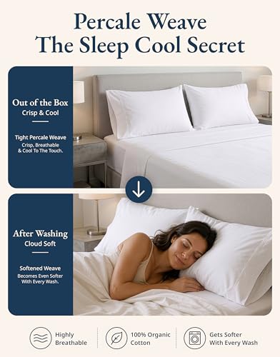 Image of 100% Organic Cotton White Pillow Cases - King Size, Ultra Soft and Crisp, Cool Percale Pillow Covers, Sleeping Pillow Covers, Set of 2 - White