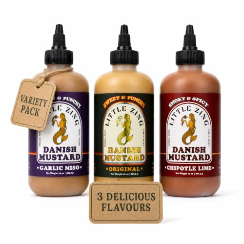 Little Zing Danish Mustard Variety Pack, Original + Garlic Miso + Chipotle Lime, 3 x 10 oz Squeeze Bottles, Drizzle-Ready Gourmet Sauces, No Preservatives, Foodie Gift Set