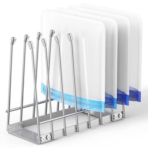 Bag Drying Rack Organizer, Foldable Metal Stand for Reusable Ziplock & Silicone Storage Bags, Rustproof Kitchen Dryer,Silver