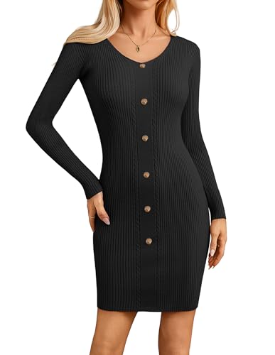 GRACE KARIN Strickkleid Damen Langarm Herbst Winterkleid V Ausschnitt Knielang Pulloverkleid Bodycon Partykleid Schwarz XL