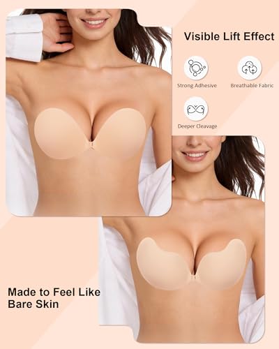 Easybunny Strapless Sticky Bra 2 Pack Invisible Push Up Adhesive Bra Breathable Fabric Reusable for Backless/Low-Cut Outfits — view 2