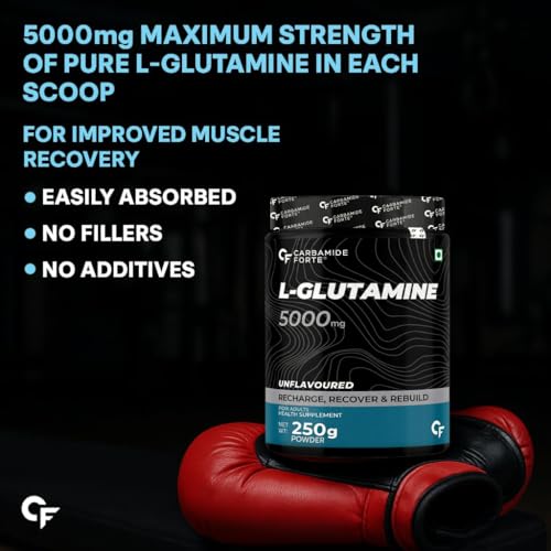 Image of Carbamide Forte L Glutamine Supplement for Men | L Glutamine Powder 5000mg | L Glutamine Supplement | Muscle Recovery Preworkout Supplements For Men - Unflavoured - 250 grams