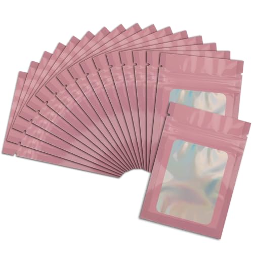 50 Pcs Pink Mylar Bags 2.7x3.9 Inch with Clear Window - Holographic Resealable Foil Pouch Packaging for Food Storage, Jewelry, Lip Gloss, and Small Business Use
