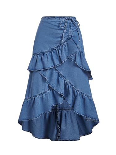 SOLY HUX Women's Plus Size Ruffle Jean Skirt Y2k Bow Layered Asymmetrical Midi Denim Skirts Plain Blue XX-Large Plus