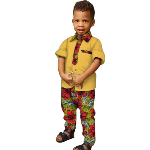 Image of XIAOHUAGUA African Clothes for Boy Kids African Outfit 2 Pcs Set Kente Print Shirt and Long Pants