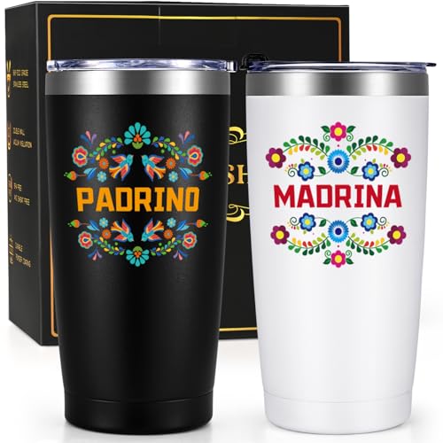 Gtmileo Godparents Proposal Gift, Padrinos Madrina Proposal Gift, padrinos de bautizo propuesta Stainless Steel Insulated Tumbler Set, Christmas Birthday Gifts for Godmother Godfather In Spanish, 20Oz