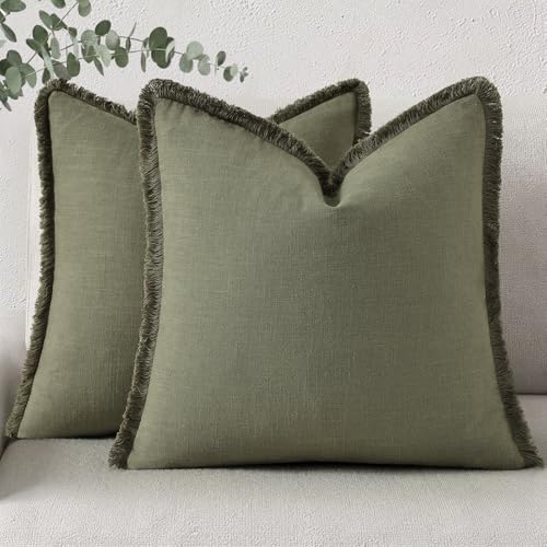 Image of decorUhome Linen Fringe Olive Green Throw Pillow Covers 18x18 Set of 2 | Decorative Soft Accent Modern Boho Farmhouse Cushion Covers with Tassels Cotton Pillow Covers for Couch Bed Sofa