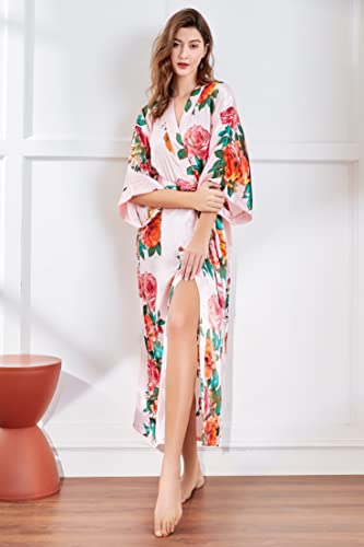 Image of BABEYOND Women's Kimono Robe Long Satin Silky Floral Lightweight Bridesmaid Wedding Bachelorette Party Robe
