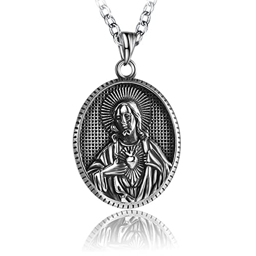 NIGHTCRUZ Sacred Heart of Jesus Necklace, Oval Religious Medal Medallion Stainless Steel for Men Women
