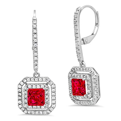 3.27Ct Princess Brilliant Round Cut Double Halo Solitaire Flawless Genuine Simulated Cz Red Ruby Gemstone Vvs1 Ideal Pair Of Leverback Drop Dangle Designer Earrings Solid 14K White Gold #TOP16