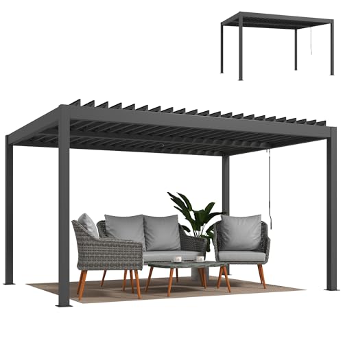 Outsunny Pergola bioclimática 4x3m, pérgola de aluminio, cuchillas orientables, manivela, sistema de drenaje, cenador de jardín cobertizo terraza, resistente al viento, protección solar, impermeable