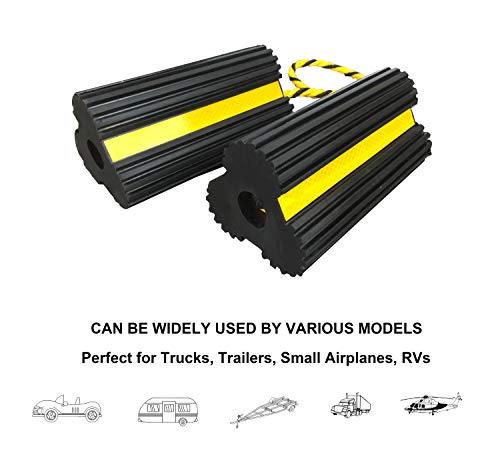 Hoxwell Heavy Duty Rubber Dual Wheel Chocks Front And Back, Rv Leveling Blocks Non Slip Base With Nylon Rope Yellow Reflective Tape For Travel Trailers, Car, Camper, Truck 1 Pair #TOP3