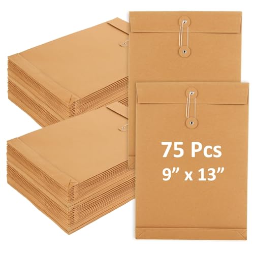 WOPPLXY 75 Pack 9 x13 Inch Kraft String Envelope File Folder, A4 Letter Size Kraft Paper Envelope File Bag with Button String Closure - 250GSM Heavyweight Paper Envelopes, for Business,Office, Home