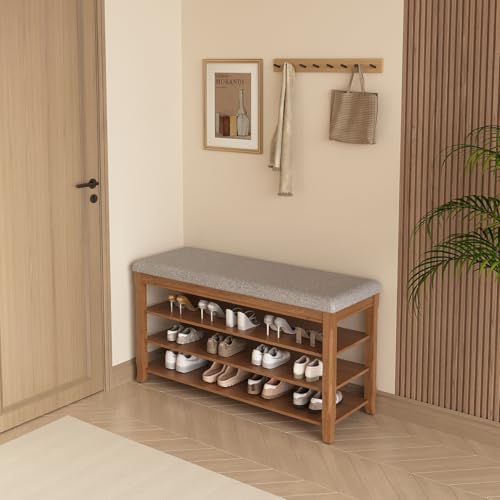 Drogenble Shoe Rack Bench Entryway Storage with Flip-Top, Rubberwood Entryway