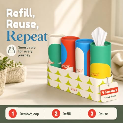 Image of Car Tissue Holder with 4 Facial Tissue Canisters | Car Organization - Car Interior Accessories - Cup Holder Tissue Cylinder - Replacement for Kleenex Tubes - Total 240 Tissues
