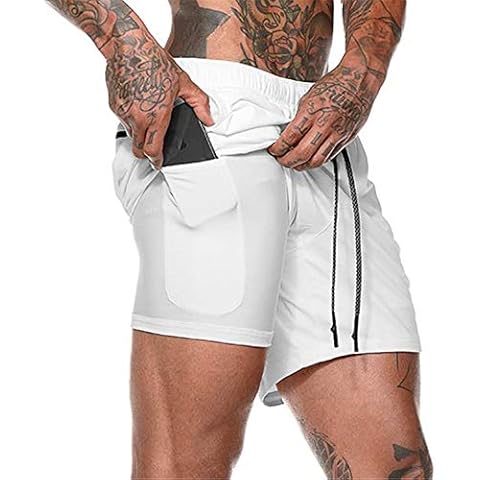 THWEI Men's 2-in-1 Shorts Bodybuilding Shorts Men Running Jogger with Pockets - white - X-Large Cover