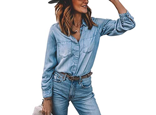 Qinni-shop Women Spring Summer Vintage Long Sleeve Slim Fit Fashion Denim Shirt (Blue, S)