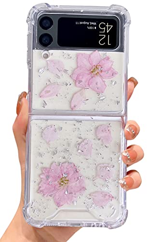 Abbery for Samsung Galaxy Z Flip 4 Case Swallow Pink Flower Clear Cute Design Glitter Sparkle Real Pressed Dried Floral TPU PC Transparent Shockproof Protective Women Girl's Phone Cover