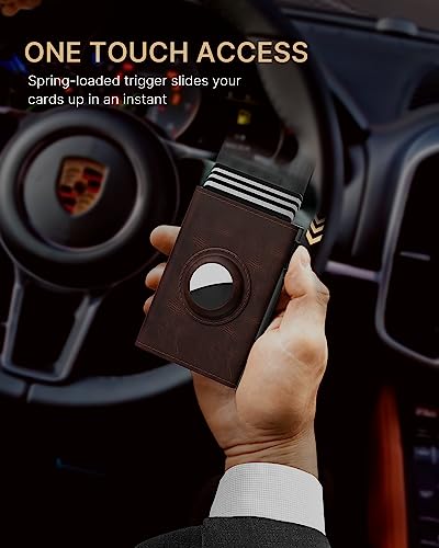 Mens Wallet Card Holder for AirTag: Leather Smart Wallet for Men Compatible with Apple Air Tag, RFID Blocking, Slim, Carbon Fiber, Minimalist - 9-14 Card Capacity | ID Window | Cash Slot (Brown)