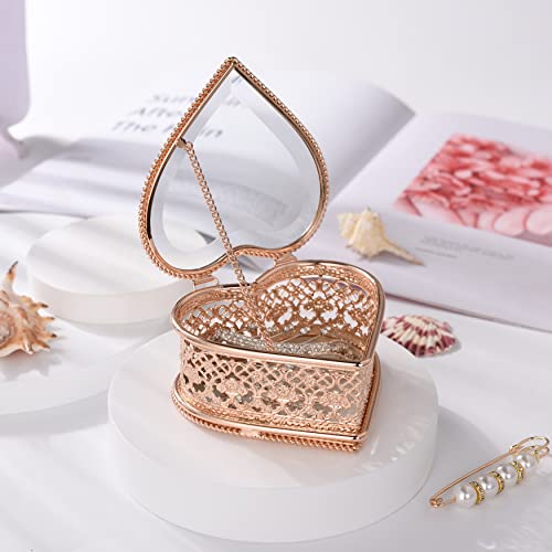 Funerom Vintage Glass Jewelry Box,Wedding Engagement Ring Dish Displaytrinket Keepsake Box Gold Heart Shape #TOP2