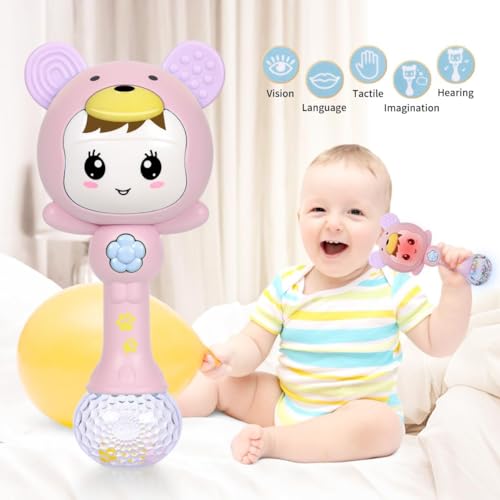 Image of Educational Baby Rattle, Electronic Light Musical Teether - Baby Sensory Sound Toys, 3-12 Months (Baby Pink)