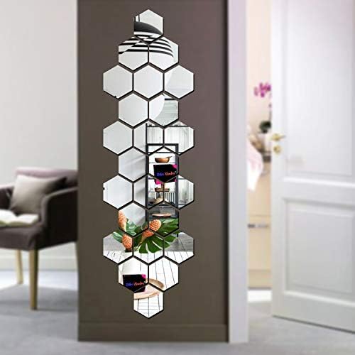 Bikri Kendra Hexagon 24 Silver Mirror Stickers for Wall, Acrylic