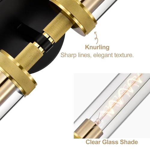 Bathroom Light Fixtures Over Mirror,Knurled Texture Black and Gold Vanity Light,Clear Glass Tube Sconces,Modern Hardwired Wall Lights Indoor,Wall Sconces for Washroom,Living Room,Bedroom by LaLuLa - Image 6