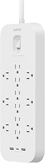 Belkin 12-Outlet Power Strip, Compact Surge Protector with 12 AC Outlets, 2 USB-A Ports, and 1 USB-C Port, 6ft Cable, Overload and Overvoltage Protection, and On/Off Power Switch - 4,000 Joules