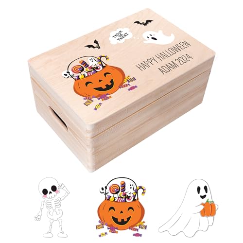 Creative DECO Caixa de lembranças truque ou trato, presente personalizado - Halloween | caixa de madeira de memória personalizada | personalizado armazenamento para disfarces doces e ornamentos