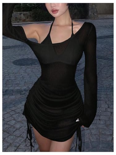 GORGLITTER Women's One Shoulder Swimsuit Coverups Dress Bell Long Sleeve Drawstring Beach Vacation Summer Dresses 20254