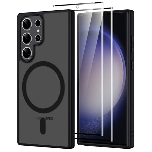 Pnakqil Magnetisch für Samsung Galaxy S23 Ultra 5G Hülle für Magsafe Matt Transluzente Handyhülle für Samsung S23 Ultra mit 2 Panzer Schutz Glas PC Härte Kratzfest Matte Dünn Magnetische Case Schwarz