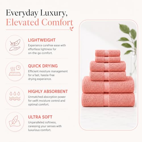 Image of Sulfar 100% Combed Cotton, 6 Pcs Towel Set - 2 Bath Towels (70 x 140 cm), 2 Hand Towels (40 x 70 cm) and 2 Face (30 x 30 cm) (600 GSM, Pack of 6) Coral Pink