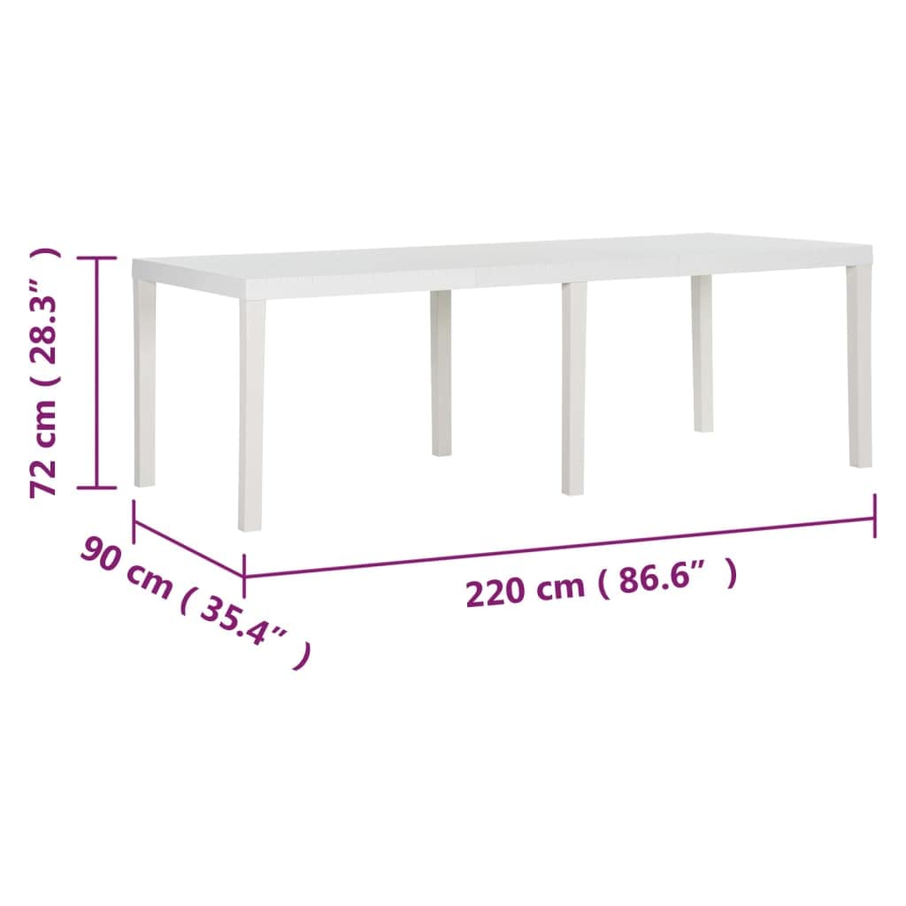 vidaXL Tavolo da giardino 220 x 90 x 72 cm PP Bianco
