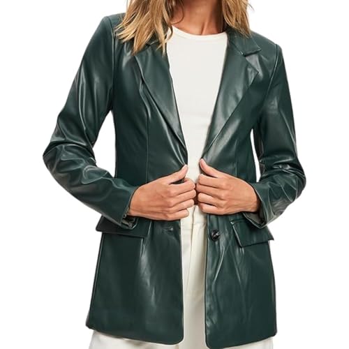 2-Button Lambskin Leather Blazer Women - Casual Coat Long Sleeves Leather Jacket Suit Style for Women