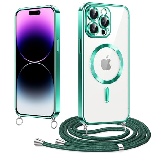 Woijrly Magnétique Coque avec Cordon pour iPhone 14 Pro 6.1", Compatible avec MagSafe, Coque Magnétique en Galvanisé avec Réglable Collier Lanyard, Antichoc Etui pour iPhone 14 Pro, Vert