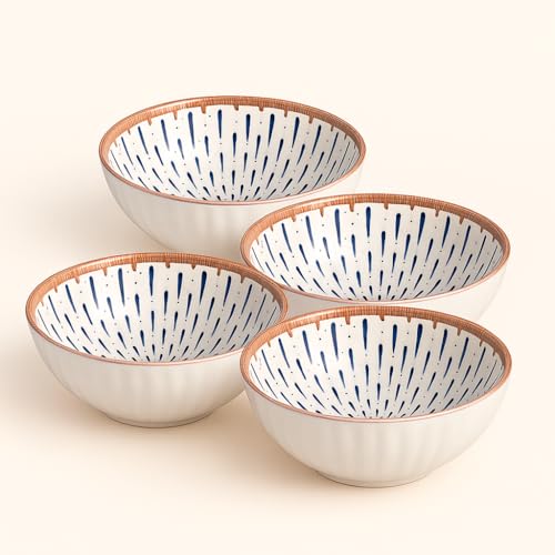 Image of YELONA Ceramic Bowls Set of 4 | 300ml Hand-Painted Japanese Style Rice /Soup Bowls | Microwave & Dishwasher Safe | Blue Droplet Pattern | Lead-Free Porcelain | 11.5cm Diameter