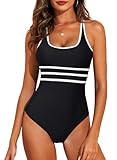 Aleumdr Women's Color Block One Piece Athletic Swimsuit Sports Training Cheeky High Cut Bathing Suits Black X-Large