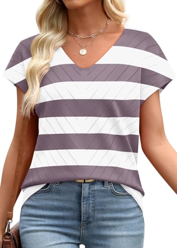 Image of WIHOLL Short Sleeve Sweater for Women V Neck Trendy Summer Tops 2026 Beach Vacation Clothes Travel Business Casual Outfits