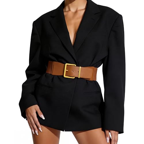 TRIWORKS Women Wide Elastic Belt for Dresses Vintage Stretchy Waist Belt with Gold Chunky Buckle Brown