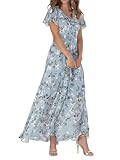 Townshine Damen V Ausschnitt Blumendruck Kleid Rüschen Kurzarm Chiffon Maxikleid Vollrock Strandkleid Stilvolles Kleid, Hell, blau, Klein