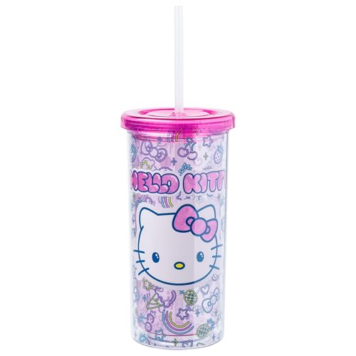 Image of Silver Buffalo Sanrio Hello Kitty Neon Fruit, Plastic Cold Cup, 20oz | Pattern, Includes Lid and Straw, 0.59 Liters