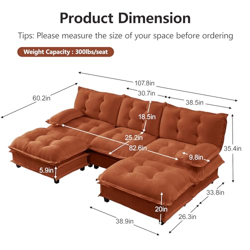Image of 108 inch Sectional Sleeper Sofa with Ottoman, U Shaped Modular Deep Seat Couches for Living Room Apartment, Flexible Module Combination Cloud Sofa with Spring Support, Easy Assembly, Orange