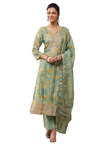 Image of Libas Printed Chinon Straight Kurta With Trouser and Dupatta | daily wear suit