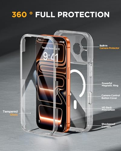 Image of Miracase Magnetic for iPhone 17 Pro Case 6.3 inch [Compatible with MagSafe] Full-Body Phone Case with Built-in Glass Screen Protector & Camera Control,Drop Proof iPhone 17 Pro Cover, Clear